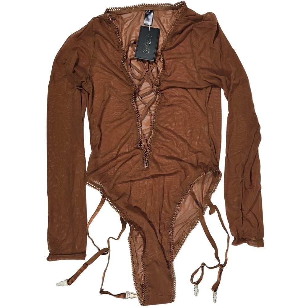 Frederick's of Hollywood Brown Sheer Mesh Long Sleeve Lace Up Teddy Bodysuit M‎